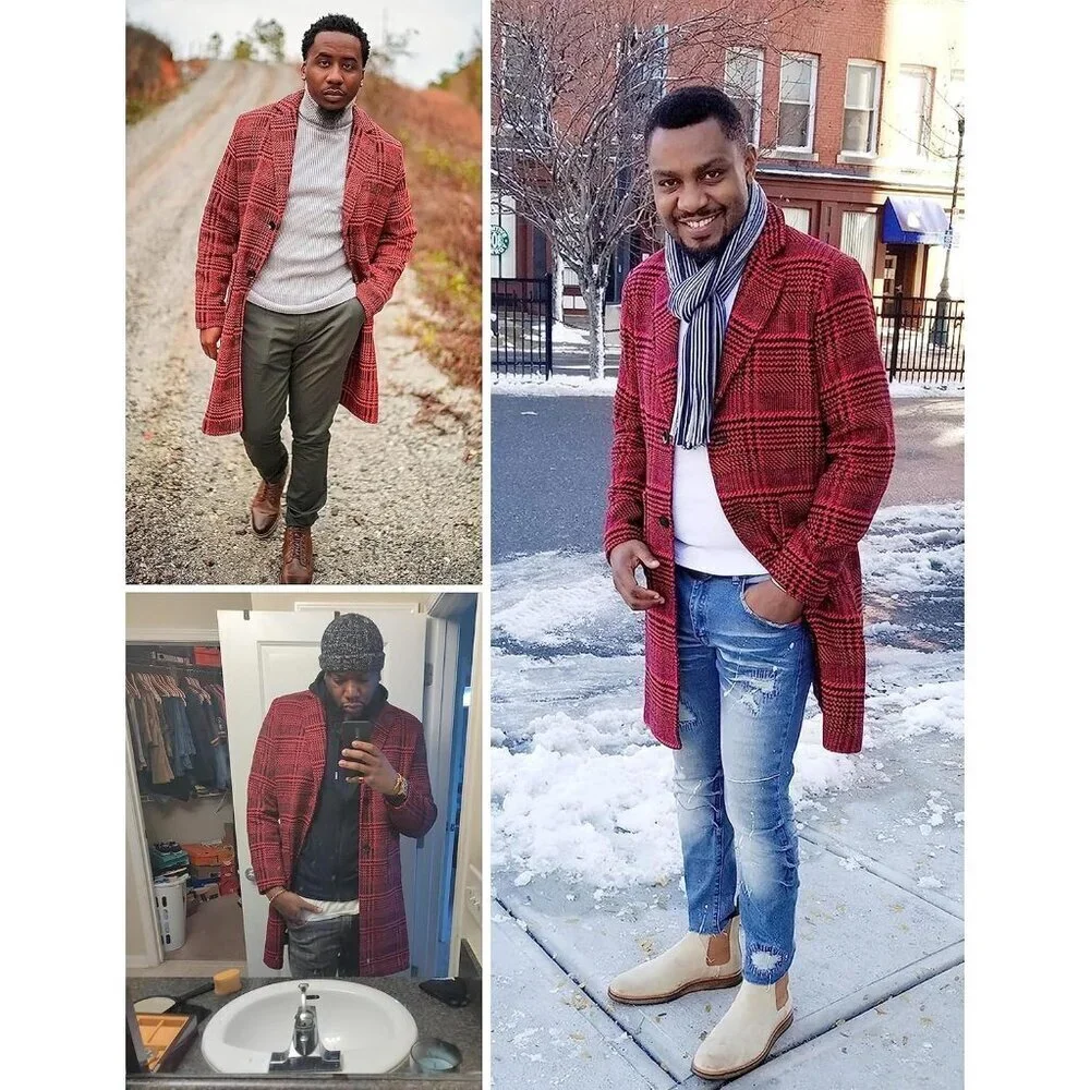 Men's Wine Red Wool Blend Pea Coat Notched Collar Single Breasted Overcoat